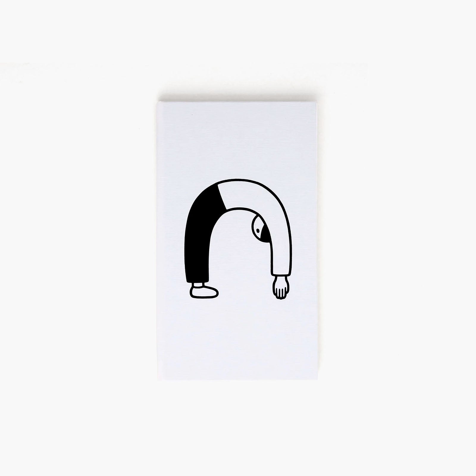 Weißes Notizbuch im Taschenformat mit minimalistischer, schwarzer Noritake-Illustration einer sich beugenden Figur.