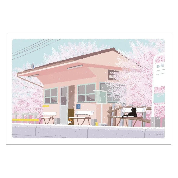 Tabineko Postcard - Spring: Waiting for the bus 